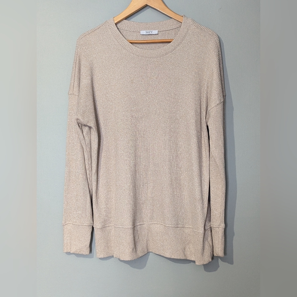 Suzy Shier Women's‎ Large Taupe Ribbed Crewneck Longsleeve Sweater